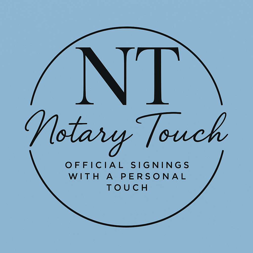 Logo for business notary touch with a slogan saying offical signings with a personal touch.