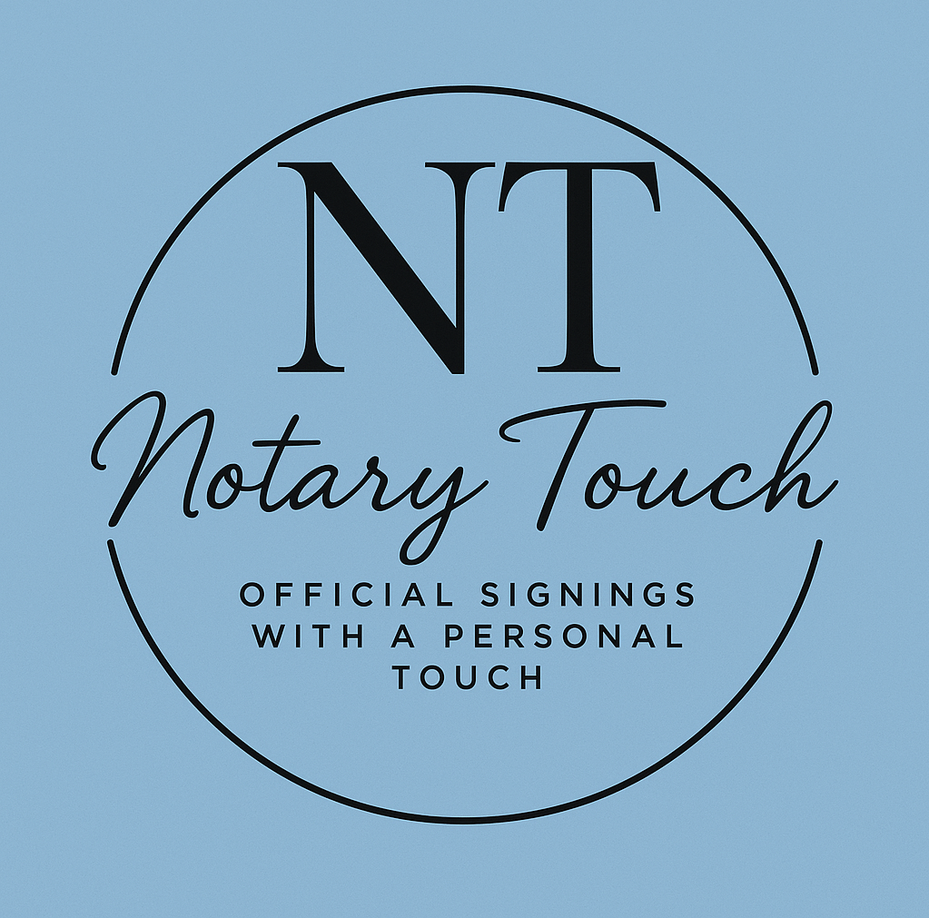Logo for business notary touch with a slogan saying offical signings with a personal touch.