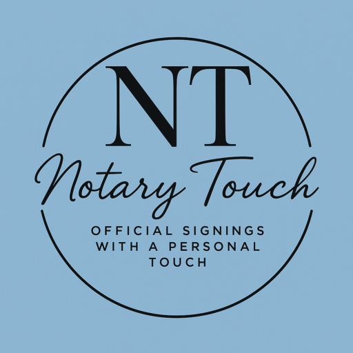 Logo for business notary touch with a slogan saying offical signings with a personal touch.